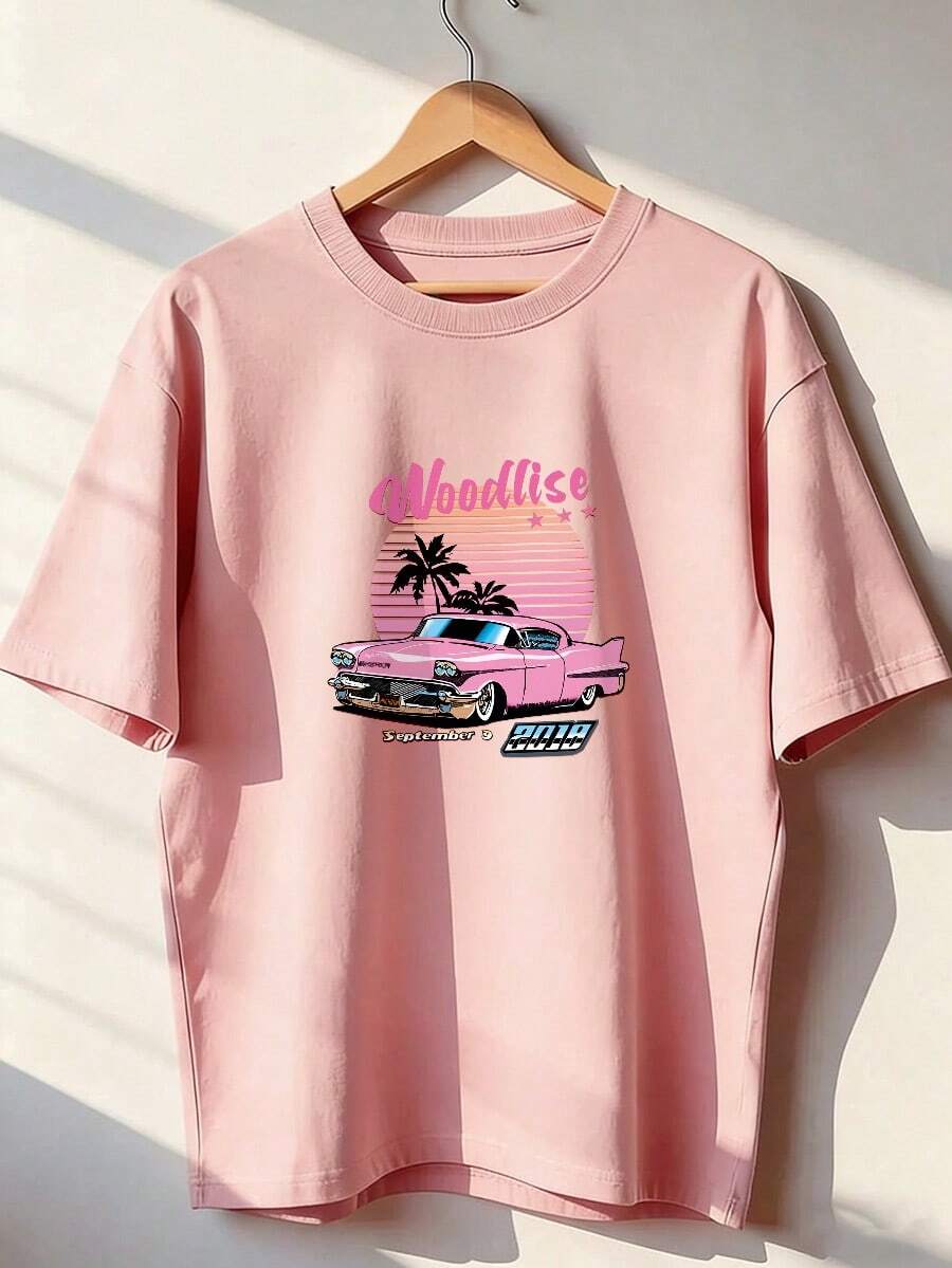 Pink Classic Car And Sunset Palm Tree T-Shirt, Fashionable Short-Sleeved T-Shirt For Spring And Summer 2026, Made In Mexico, 180 Grams. Cartoon Print, Couple Design, Suitable For Indoor Or Outdoor Wear. Crew Neck, Unisex, Ideal For Office And Leisure. One-Pack. - PK-P631577SLNDXZGY502 - 查看 1