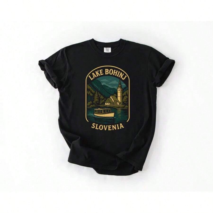 Slovenia Lake Bošini T-Shirt, Comfortable Color T-Shirt - Triglav National Park Design, 100% Pure Cotton, Comfortable Color, Short Sleeve And Round Neck Design, New Women's Slim Fit T-Shirt With Round Neck, Spring/Summer Design Style, Couple Style, Perfect To Wear Together. - 黑色 - 查看 1