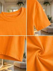 Blusa de mujer de cuello redondo, manga corta, holgada y casual, de estilo minimalista, elegante y sexy Y2K, adecuada para uso diario, oficina, hogar, exterior, primavera/verano - Naranja - Ver 8