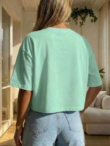 Blusa de mujer de cuello redondo, manga corta, holgada y casual, de estilo minimalista, elegante y sexy Y2K, adecuada para uso diario, oficina, hogar, exterior, primavera/verano - verde menta - Ver 7