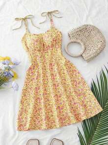 Vestido mini con tirantes de espagueti y estampado floral ditsy con lazo - Multicolor 2 - Ver 1