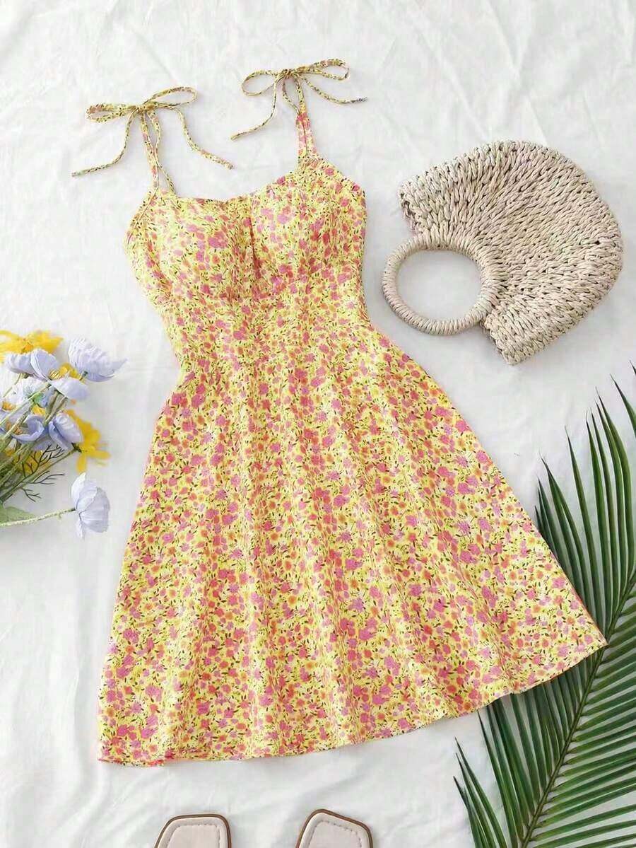 Vestido mini con tirantes de espagueti y estampado floral ditsy con lazo - Multicolor 2 - Ver 1