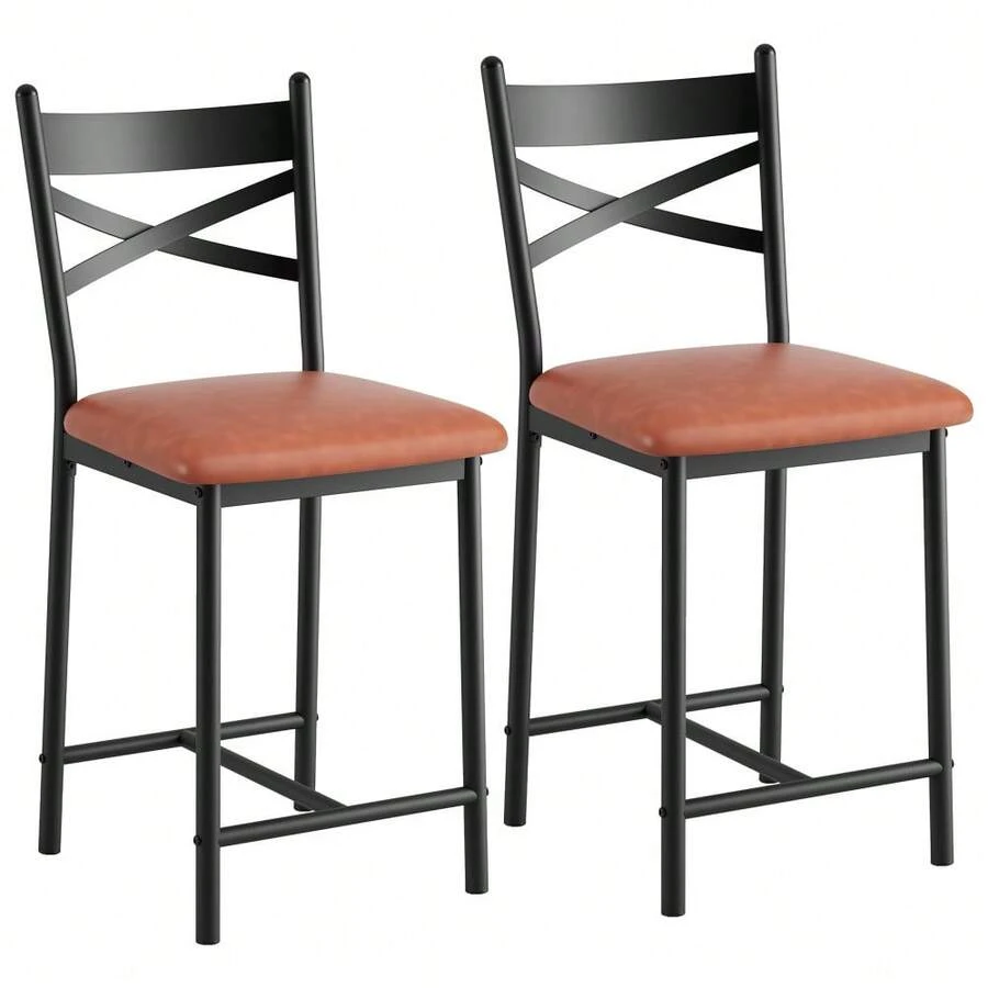 Bar Stools Set Of 2, High Back And Metal Footrest, Upholstered Large Seat Island Stools Bar Chairs For Dining Room Kitchen Bar - Brown - View 1