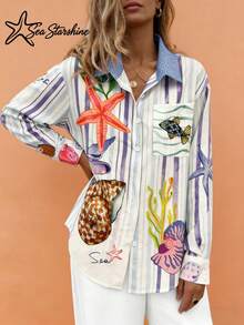 Camisa casual de mujer con estampado de fantasía con tema oceánico, de estilo bohemio, brillante, holgada y cómoda, para vacaciones, primavera/verano - Multicolor - Ver 6