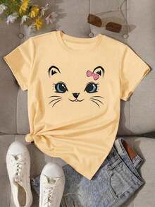 Soft 100% Cotton T-Shirt, Women's Short Sleeve White Casual T-Shirt, Round Neck, Regular Length, Cat Print, Breathable Cotton T-Shirt, Goes With Everything, Great. - 杏色 - 查看 2