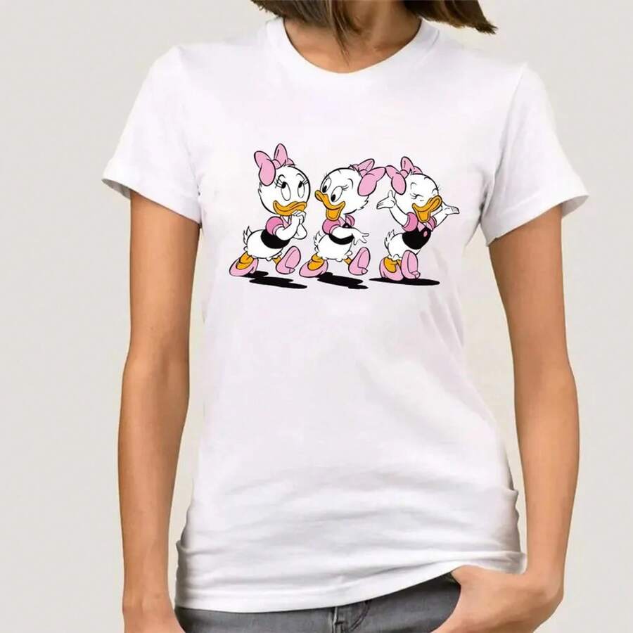 Nueva camiseta HarA1Juku divertida de Daisy Duck, camiseta de moda para mujer, tops de dibujos animados, manga corta, 220 g, camiseta casual para mujer, top de manga corta de algodón puro para hombre y mujer, tejido grueso, resistente a las arrugas y que no se deforma fácilmente. Estilo sencillo y versátil, ligero y transpirable, perfecto para ir al trabajo, viajar, acampar, ir de compras y el tiempo libre diario. - Blanco - Ver 1