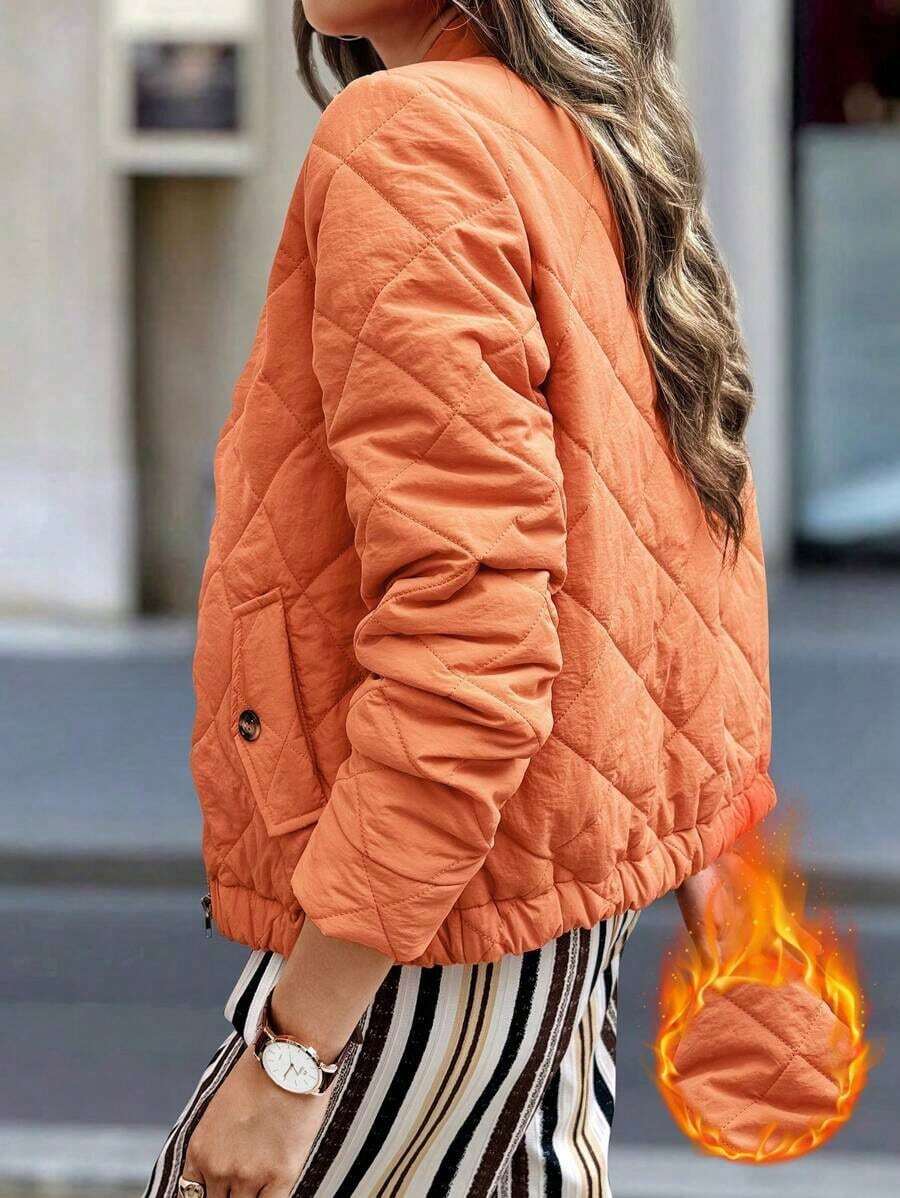 LUNE Chaqueta casual de uso diario popular con cremallera, manga larga, bolsillo y textura de patrón de diamante para mujer - Naranja Coral - Ver 1