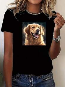 Camiseta Casual Elegante de Cuello Redondo y Manga Corta para Mujer con un Lindo Diseño de Golden Retriever 100% Algodón Resistente - Negro - Ver 7