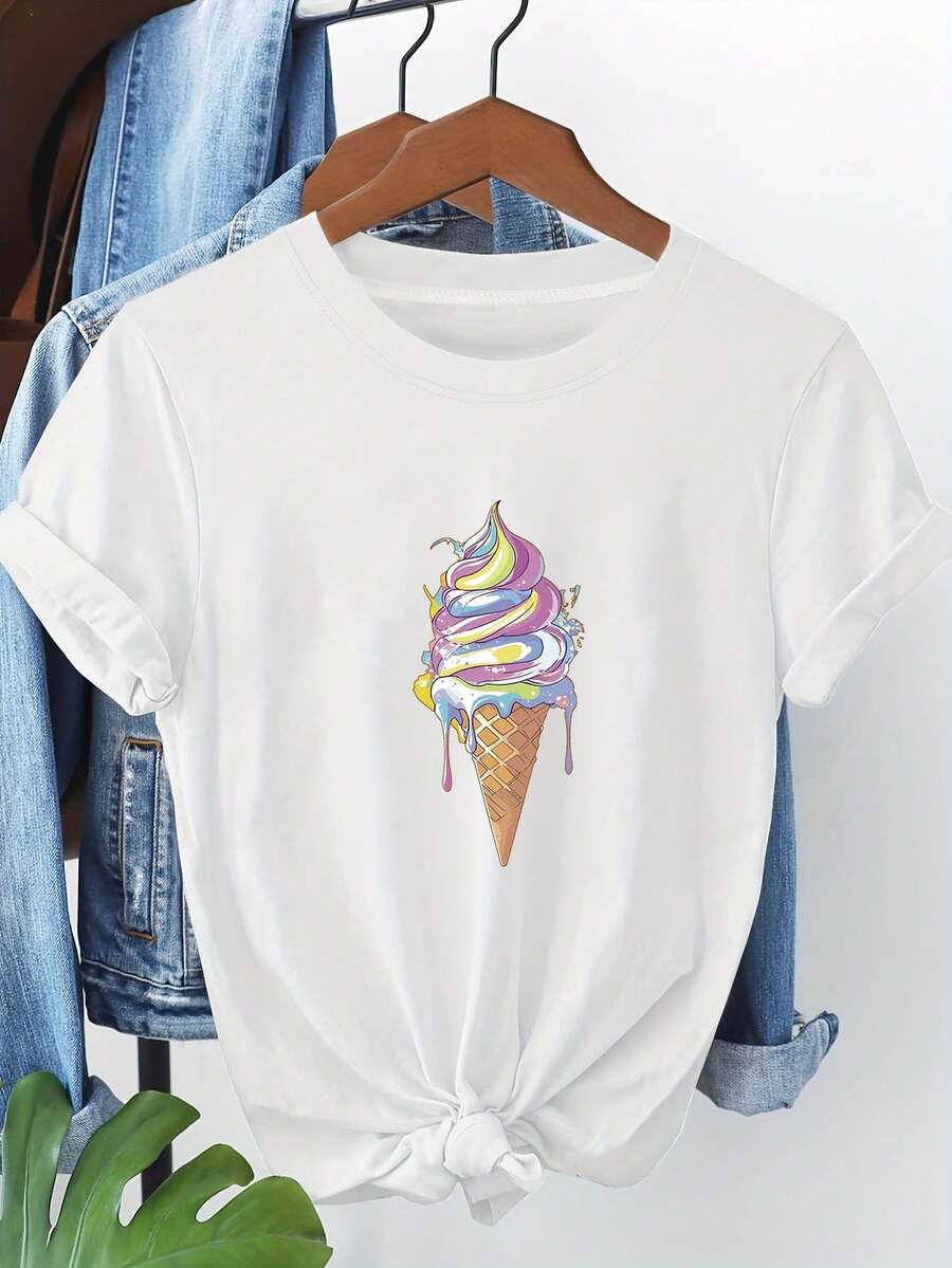 Women's Short-Sleeved T-Shirt With A Sweet And Charming Ice Cream Print, Round Neck, For Spring-Summer, Ideal As A Casual Gift For Shopping Or Vacations, Outfit For Gatherings With Friends And Holidays. Women's Warm Clothing - 白色 - 查看 1