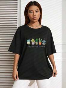 Camisetas estampadas de moda para mujer, tops de estilo urbano de gran tamaño, camisetas de verano cómodas y elegantes que combinan con todo. - Negro - Ver 4