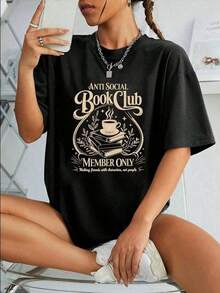 Minimalist Women's T-Shirt With Graphic Print, Reading Club, Short Sleeve, Round Neck, Casual Style For Summer And Spring, G, 100% Cotton. Women's Simple Solid Color T-Shirt, Loose And Slim Fit Casual Short Sleeve - 黑色 - 查看 9