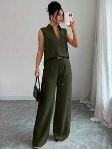 Set de 2 piezas de top sin mangas de cuello en V y pantalones rectos con decoración de cinturón holgado, de estilo casual y versátil para mujer, para primavera/verano - Verde militar - Ver 7