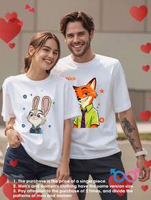 Disney Zootopia Lovers Cotton T-Shirt, Fox And Rabbit Lovers Print Series, Casual Short-Sleeved Round Neck, Breathable, Moderately Elastic, Machine Washable, Spring And Summer Women's Fashion, Lovers' Clothes,  Graphic T-Shirt, Comfortable And Fit. - Men's T-shirt - View 1