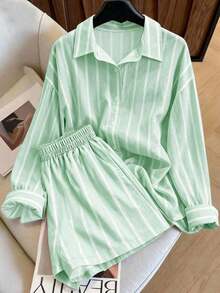 Conjunto de camisa de manga larga a rayas de un solo pecho y pantalones cortos versátiles de estilo vintage casual - verde menta 2 - Ver 5