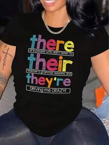 Camiseta estampada con letras para mujer, de manga corta y cuello redondo, ideal para verano y primavera - Negro - Ver 6