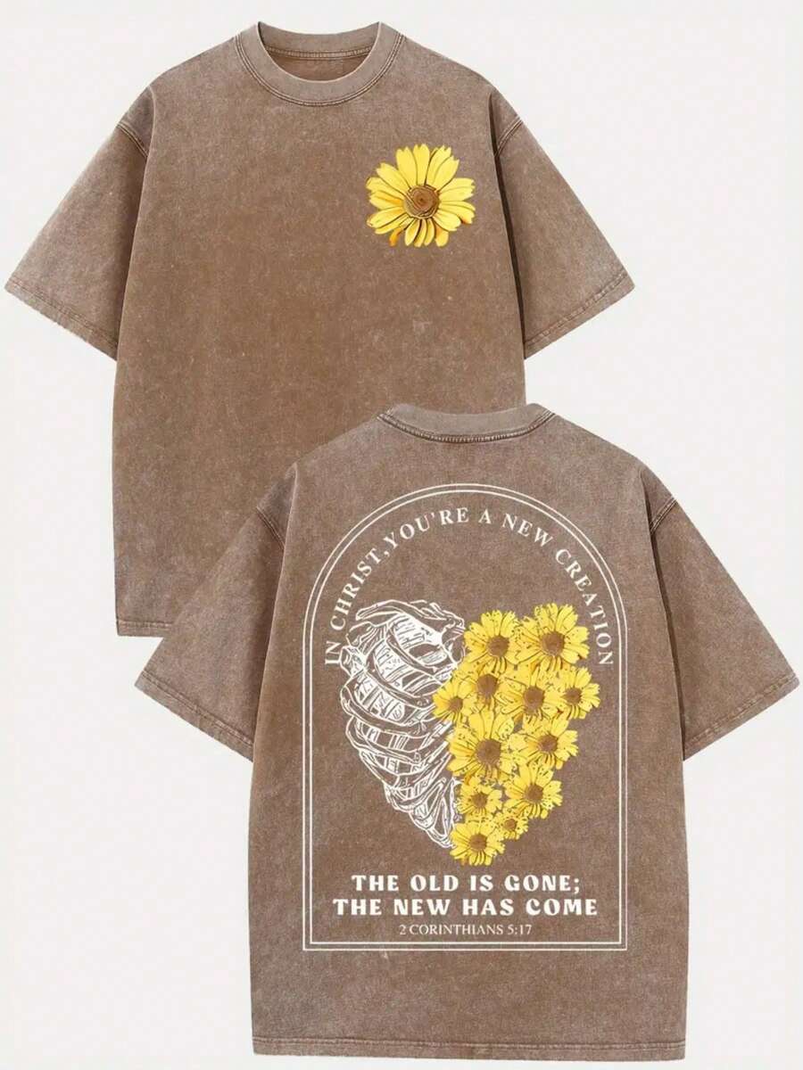 Fashionable Washed T-Shirts For 2026, A Strong Presence For Thanksgiving And Christmas! Featuring Heart And Flower Prints, 100% Pure Cotton, The Perfect Gift Choice! Washed Cotton. - cokelat kopi - View 1