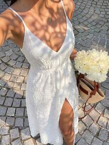 Vestido de mujer Vellofy de encaje blanco con escote en V profundo, vestido de estilo vacacional con cintura ceñida y abertura, adecuado para fiestas, citas, atuendos de playa, elegante - Blanco - Ver 3