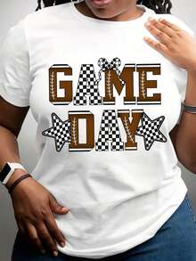 Camiseta Casual para Mujer con Diseño de Estrellas a Cuadros en Marrón y Blanco para Fanáticos del Fútbol Americano - Blanco - Ver 7