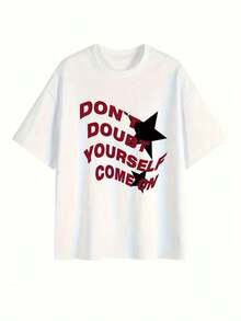 Camiseta de mujerCamiseta de manga corta para mujer con estampado de letras negras y estrellas, diseño versátil de corte holgado y ajustado con cuello redondo, ideal para de verano.Cómoda y ligera - Blanco - Ver 3