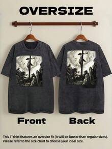 Vintage Distressed Black T-Shirt With Crucifixion Graphic, Unisex Religious-Themed Clothing - Vintage Street Style Unisex Loose Cotton Short Sleeve Crew Neck T-Shirt - 黑色 - 查看 5