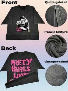 Loose Black T-Shirt With Vintage Wash Effect, Unisex Printed Top,  Double-Sided Y2K Style Print, Large Portrait Pattern, Casual Cotton Short-Sleeved Round Neck T-Shirt For Summer, Vintage Style T-Shirt. - 黑色 - 查看 6