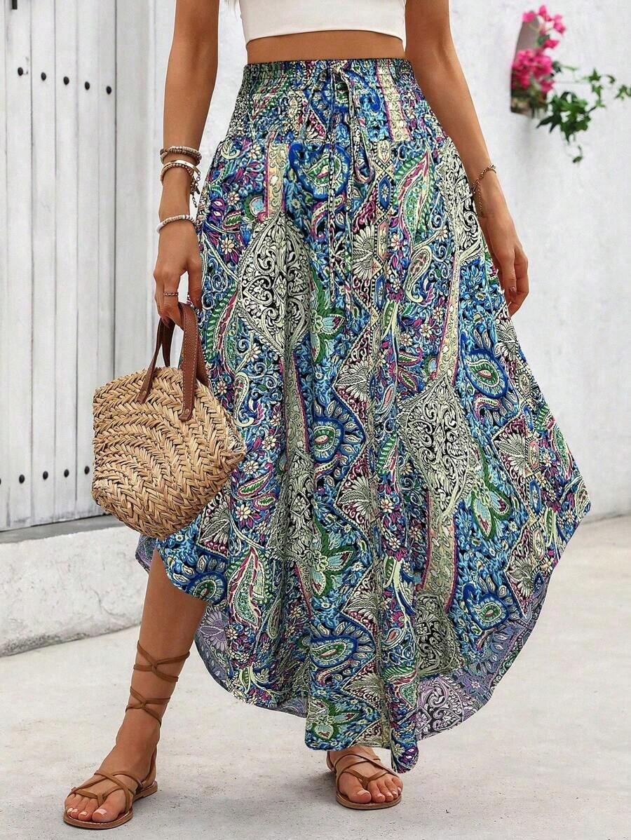 Falda de línea A con nudo en la cintura y estampado total, falda de playa de vacaciones con estampado aleatorio para otoño - Azul 3 - Ver 1