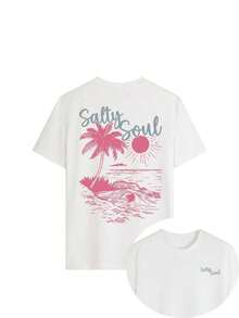 [Local Delivery] Women's T-Shirt Women's Beach T-Shirt "Salty Soul" With Palm Tree, Sun And Waves Printed Design On The Back, 100% Cotton, Breathable And Comfortable, Beach Vacation Style, Suitable For Beach Days, Summer Vacation And Casual Beach Fashion. - 白色 - 查看 7