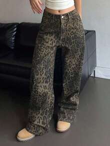 Pantalones vaqueros versátiles y casuales de mujer con bolsillos y estampado de leopardo, estilo Y2K - Marrón 2 - Ver 5