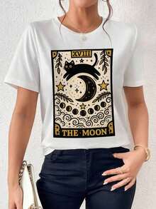 Offers And  Women's T-Shirt, Halloween Aesthetic Cat - Graphic T-Shirt, Round Neck, Short Sleeve, Cat And Moon Print, Suitable For Spring And Summer Men's T-Shirt Tops Sweatshirts For Women Y2k T-Shirt Shirt - 白色 - 查看 1