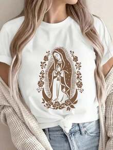 Women's Graphic T-Shirt, Short Sleeve, Round Neck, Casual, Comfortable, Cool, Lightweight, Modern, Youthful, Regular Fit, Print Of The Virgin Of Guadalupe, Monochromatic Roses And Flowers - 白色的 - 查看 1