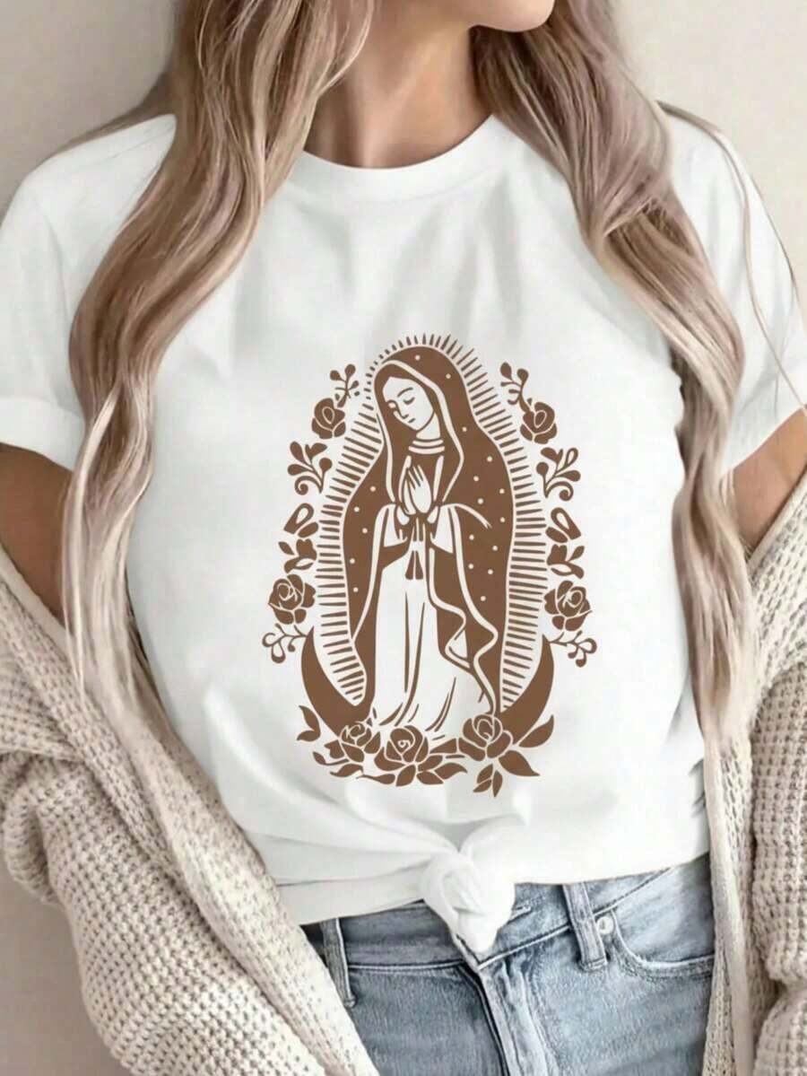 Women's Graphic T-Shirt, Short Sleeve, Round Neck, Casual, Comfortable, Cool, Lightweight, Modern, Youthful, Regular Fit, Print Of The Virgin Of Guadalupe, Monochromatic Roses And Flowers - 白色的 - 查看 1