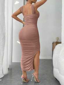 Vestido de graduación; Vestido ajustado de malla con superposición fruncida y abertura en el muslo, vestidos en tonos pastel para mujeres - Albaricoque - Ver 2