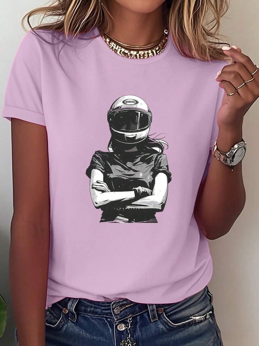 Women's Short-Sleeved Top With A Round Neck In Pure Cotton, Modern Printed Design, Cool And Breathable Fabric, Versatile Garment For Casual Looks, Everyday Occasions And Social Gatherings All Year Round - 淺紫色 - 查看 1