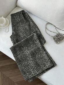 Pantalones anchos de pierna negros con diseño de estampado de leopardo retro elegante, pantalones rectos con cintura elástica con cordón, uso casual, vuelta al colegio - Gris Oscuro - Ver 2