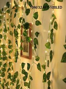 2m/5m/10m 人造綠色常春藤植物附LED燈串，AA電池盒供電綠色常春藤花環掛燈，適用於牆面、派對、婚禮、房間、居家廚房、室內/室外節日裝飾（不含電池） - 暖白光綠蘿 - 查看 14