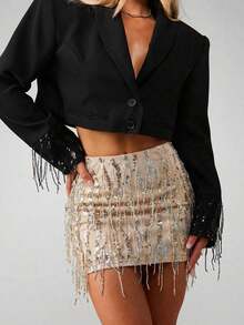 Minifalda con lentejuelas y flecos, pieza de declaración glamorosa para fiestas y eventos - Champán - Ver 11