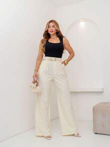 Women's Tailored Wide-Leg Trousers With Belt - Off - View 3