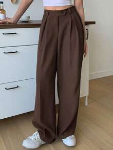 1 pieza Pantalón de vestir de cintura alta con bolsillos en diagonal, atuendo de negocios para mujer - Marrón Chocolate - Ver 2