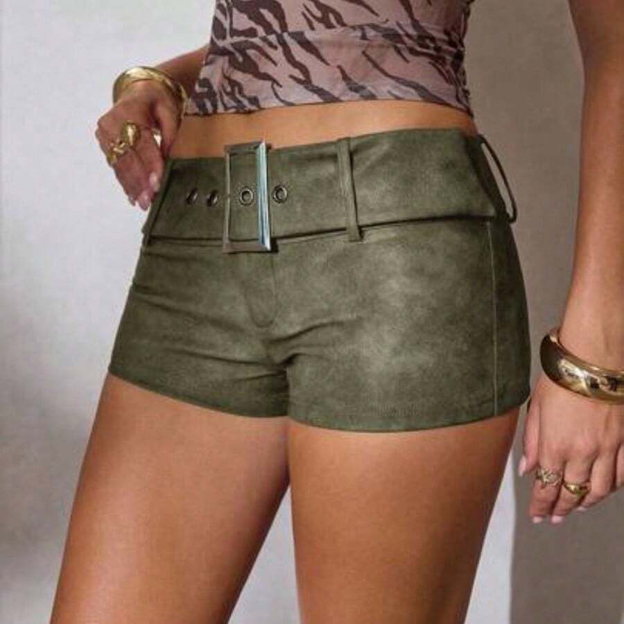 Women's New Arrival Grey Tie-Dye Washed PU Mini Shorts With Belt, Vintage Distressed Style Summer Outfits Summer Outfits For Women Summer Clothes Summer Holiday Outfits - Verde militar - Ver 1
