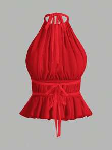 Top sin espalda con cuello de halter con pliegues y cintura con lazo para mujer - Burdeos - Ver 9