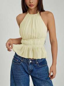 Top sin espalda con cuello de halter con pliegues y cintura con lazo para mujer - Amarillo claro - Ver 6