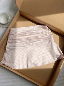 Minifalda acampanada fruncida con estampado de lunares para el verano - Caqui - Ver 7