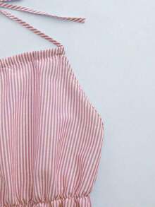 conjunto de 2 piezas de mujer con top halter con lazos y pantalones cortos a rayas con espalda descubierta, adecuado para vacaciones de verano y viajes - Rosa - Ver 5