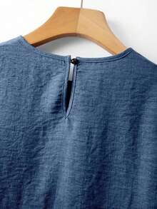 2026 Nueva camisa de verano para mujer, camisa casual de color naranja con parches, ribete de encaje teñido, mangas abullonadas, corte holgado, cuello redondo, manga corta, camisa de mujer con parches de encaje teñido, camisa naranja de muj - Azul - Ver 5