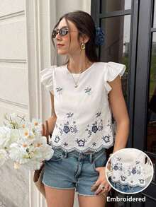 Blusa de verano casual de vacaciones con bordado floral y volantes en las mangas - Multicolor 2 - Ver 2