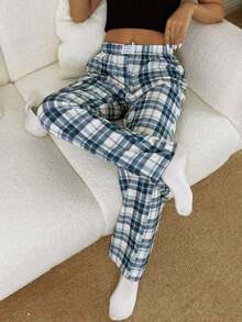 Pantalones de estar por casa rectos de cintura elástica con estampado de cuadros para mujer, para invierno - Multicolor 2 - Ver 7