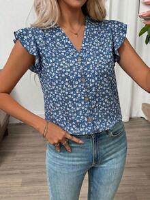 Clasi Blusa de mujer de verano con cuello en V y mangas cortas con estampado floral - Azul - Ver 4