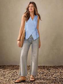 Chaleco estilo BOHO casual de estilo campestre estadounidense en color crema amarillento, con tirantes delgados, adecuado para maestras, oficina, viajes, con aspecto vintage.Blusa de verano para mujer en color amarillo claro, top de verano para mujer, top con lazo amarillo, top envolvente amarillo, top cruzado para mujer, top de verano para mujer de estilo occidental, para maestras de campo - Celeste - Ver 4