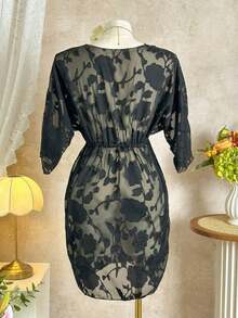 Vestido playero de manga larga con hombros descubiertos y cinturón en la cintura, de color sólido y jacquard, para mujer, negro, para vacaciones de verano. - Negro 2 - Ver 2