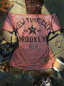 Camiseta de manga corta ajustada con hombros descubiertos, estilo casual y retro, impresa con "NEW YORK", adecuada para uso diario, ir al trabajo, fiestas, reuniones y ocasiones de vuelta al colegio. - Multicolor 6 - Ver 6